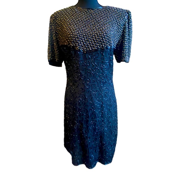 Vintage Black / Gold Beaded 100% SILK Evening Dress - Picture 1 of 14